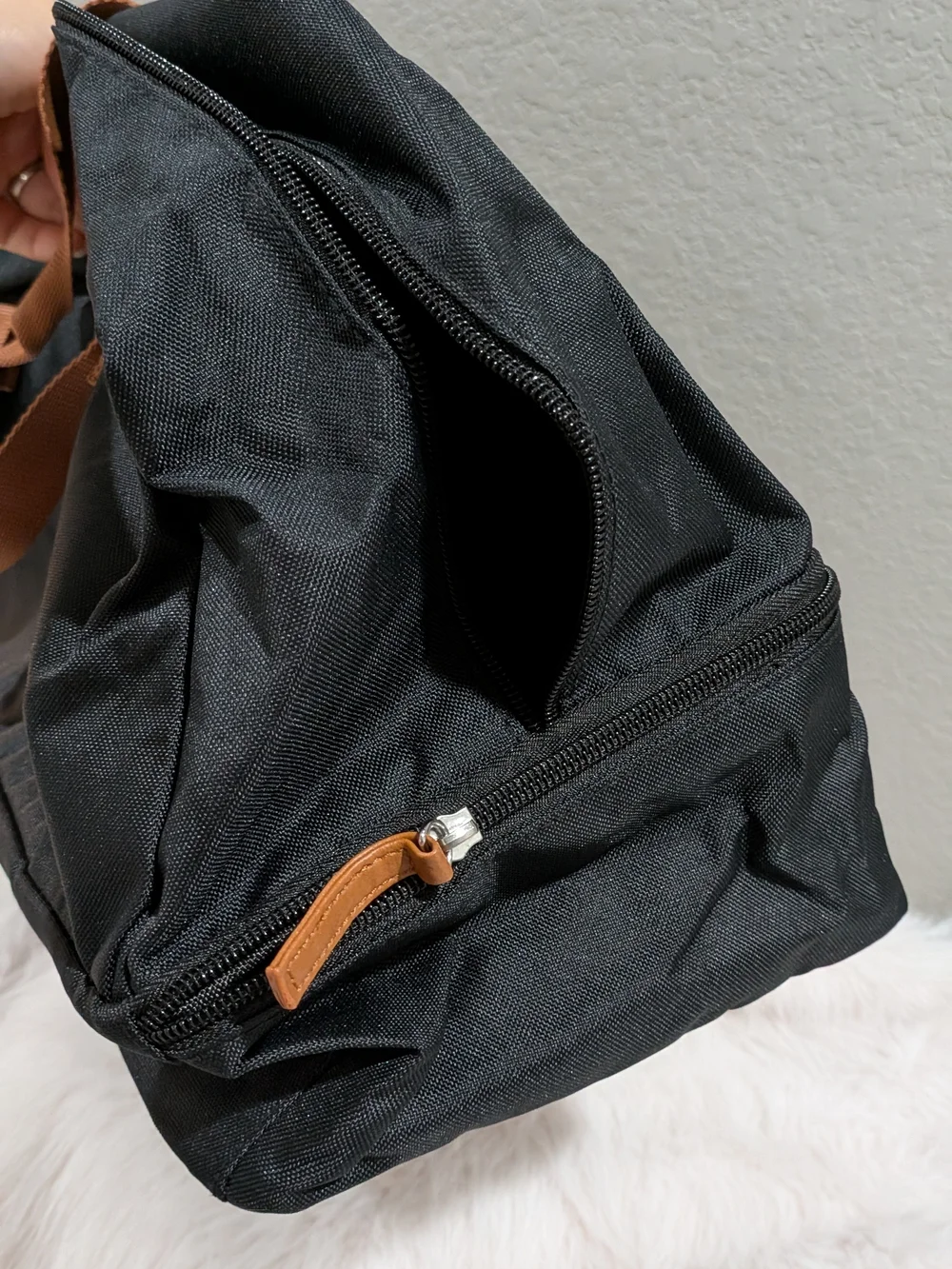 DSW Black Duffel Bag with Brown Carry Straps -New